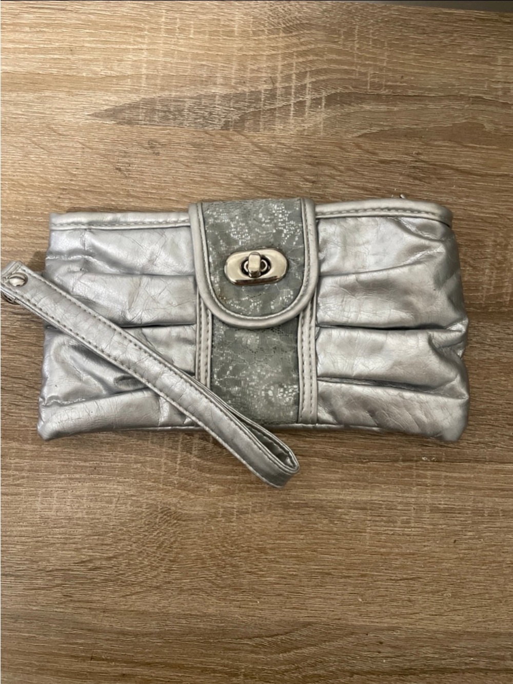 Metallic Silver Wristlet Clutch with Turn-Lock